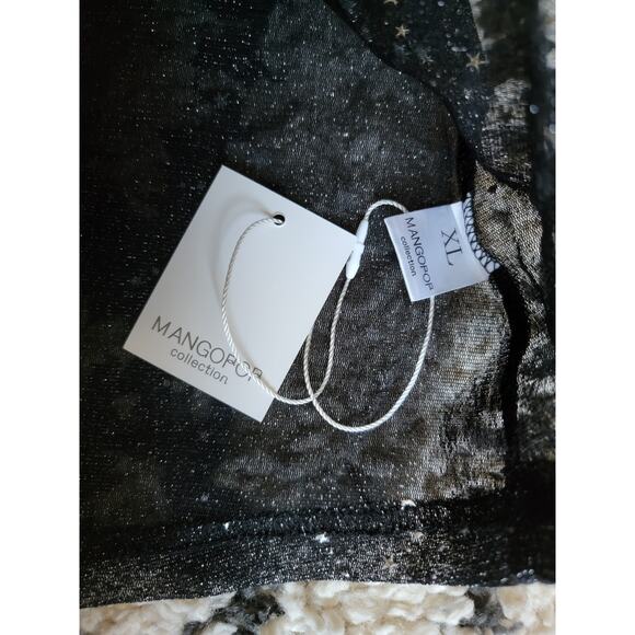 NWT Mangopop Black Sheer Mesh Shimmer Silver Star Metallic Fitted Shirt Size XL - Picture 4 of 5